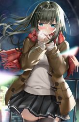 Rule 34 | 1girl, black hair, black skirt, black thighhighs, blue eyes, blunt bangs, blurry, blurry background, blurry foreground, blush, breasts, breath, brown coat, closed mouth, coat, cowboy shot, duffel coat, hair ornament, hairclip, hands up, highres, large breasts, lens flare, long hair, mahiro (mahiron1062), night, night sky, open clothes, open coat, original, outdoors, plaid, plaid scarf, pleated skirt, railing, red scarf, scarf, skirt, sky, sleeves past wrists, solo, sweater, thighhighs, thighs, white sweater, x hair ornament, zettai ryouiki