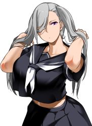 Rule 34 | 1girl, bakkanki, black sailor collar, black serafuku, black skirt, breasts, closed mouth, collarbone, commentary, commentary request, cropped shirt, dot mouth, english commentary, grey hair, hair over one eye, hand in own hair, hands up, highres, huge breasts, large breasts, lone nape hair, long hair, looking at viewer, midriff, mixed-language commentary, navel, neckerchief, original, purple eyes, sailor collar, school uniform, serafuku, simple background, skirt, solo, twintails, upper body, very long hair, white background, white neckerchief
