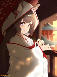 Rule 34 | 1girl, absurdres, amagi (azur lane), animal ear fluff, animal ears, azur lane, blunt bangs, blush, brown hair, closed mouth, commentary request, dress, ears through headwear, fox ears, highres, himono hinata, holding, holding umbrella, hood, japanese clothes, jewelry, kimono, long hair, looking at viewer, purple eyes, ring, smile, solo, twitter username, uchikake, umbrella, very long hair, wedding band, wedding dress, white kimono, wide sleeves