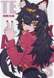 Rule 34 | 1girl, absurdres, animal ears, arknights, black hair, character name, commentary, cowboy shot, dated, eyelashes, grey background, hair between eyes, highres, long hair, looking at viewer, looking back, nail polish, official alternate costume, orange eyes, red nails, red shirt, shirt, simple background, solo, symbol-only commentary, tail, taowu (20809), texas (arknights), texas (willpower) (arknights), tongue, tongue out, v, wavy hair, wolf ears, wolf tail