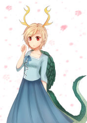 Rule 34 | absurdres, antlers, blonde hair, blue dress, cherry blossoms, cowboy shot, dragon tail, dress, highres, horns, kicchou yachie, red eyes, sanzuri, simple background, solo, tail, touhou, turtle shell, white background, wily beast and weakest creature