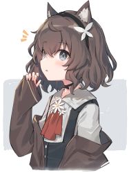 Rule 34 | 1girl, :o, animal ear fluff, animal ears, black choker, black hairband, black vest, blue eyes, blush, brown hair, brown jacket, buttons, choker, collared shirt, commentary, copyright request, crossed bangs, hair between eyes, hairband, hand up, highres, jacket, long sleeves, looking at viewer, looking to the side, notice lines, off shoulder, open mouth, satou (3366 s), shirt, short hair, solo, upper body, vest, white shirt