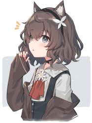 1girl :o animal_ear_fluff animal_ears black_choker black_hairband black_vest blue_eyes blush brown_hair brown_jacket buttons choker collared_shirt commentary copyright_request crossed_bangs hair_between_eyes hairband hand_up highres jacket long_sleeves looking_at_viewer looking_to_the_side notice_lines off_shoulder open_mouth satou_(3366_s) shirt short_hair solo upper_body vest white_shirt