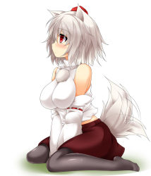 Rule 34 | 1girl, animal ears, bare shoulders, blush, breasts, detached sleeves, hat, highres, inubashiri momiji, large breasts, midriff, pantyhose, profile, red eyes, revision, ribbon-trimmed sleeves, ribbon trim, short hair, silver hair, simple background, sitting, skirt, solo, tail, tail wagging, tokin hat, touhou, transparent background, us2s, v arms, wariza, white background, wolf ears, wolf tail