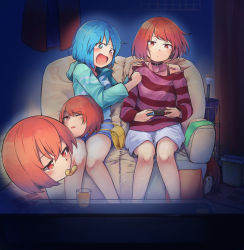 Rule 34 | 2girls, alternate costume, bag, blouse, blue hair, casual, choker, coffee table, contemporary, controller, couch, disembodied head, drink, floating head, game controller, ginnkei, glass, handbag, heterochromia, highres, holding, holding controller, hood, hoodie, indoors, long sleeves, multiple girls, multiple heads, off shoulder, open mouth, playing games, red eyes, red hair, red shirt, scared, sekibanki, shirt, short hair, shorts, sitting, striped clothes, striped shirt, table, tatara kogasa, tears, touhou, trash can, umbrella, white shorts