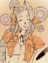 Rule 34 | 1girl, aerith gainsborough, arms behind back, ballpoint pen (medium), braid, braided ponytail, breasts, choker, closed eyes, cropped jacket, facing viewer, final fantasy, final fantasy vii, floral background, flower, hair ribbon, highres, maze draws, medium breasts, parted bangs, parted lips, puffy short sleeves, puffy sleeves, ribbon, ribbon choker, short sleeves, sidelocks, smile, solo, square enix, sunflower, traditional media, twitter username, upper body, wavy hair
