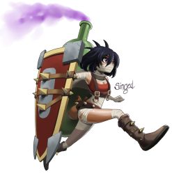 Rule 34 | 1girl, bandages, black hair, boots, bottle, breasts, full body, gas, genderswap, genderswap (mtf), league of legends, mask, medium breasts, metal, pikaboots, pouch, purple eyes, running, shield, short hair, singed, solo, spikes, tank top, transparent background