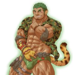 Rule 34 | 1boy, abs, absurdres, bara, beard, biceps, briefs, bulge, camouflage, camouflage shirt, chest hair, dark-skinned male, dark skin, dog tags, facial hair, forked eyebrows, green male underwear, hair slicked back, highres, large pectorals, long sideburns, looking at viewer, male focus, male underwear, mature male, minatsumi, muscular, muscular male, no pants, open clothes, open shirt, panther boy, panther ears, pectoral cleavage, pectorals, shirt, short hair, sideburns, smile, solo, stomach, stubble, thick eyebrows, thick thighs, thighs, tokyo houkago summoners, underwear, wood wrestler (housamo)