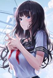 Rule 34 | 1girl, absurdres, bad id, bad twitter id, black hair, blue eyes, blunt bangs, blush, breasts, cloud, fingers together, highres, long hair, looking at viewer, mole, mole under mouth, myless, original, own hands together, parted lips, power lines, sailor collar, school uniform, serafuku, shirt, short hair, sky, solo, upper body, utility pole, wavy hair, white shirt