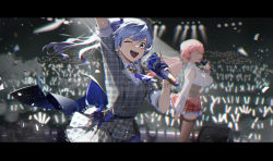 Rule 34 | 2girls, ;d, absurdres, arm up, bad id, bad pixiv id, blue eyes, blue gloves, blue hair, blue nails, brown legwear, clothing cutout, corset, dress, floating hair, gloves, glowstick, grey dress, hand up, highres, holding, holding microphone, hololive, hoshimachi suisei, hoshimachi suisei (1st costume), kawa683, letterboxed, long hair, long sleeves, microphone, multiple girls, nail polish, one eye closed, open mouth, partially fingerless gloves, pink hair, plaid, plaid dress, red skirt, sakura miko, sakura miko (casual), shirt, short sleeves, shoulder cutout, skirt, smile, stage, standing, thighhighs, twintails, virtual youtuber, white shirt