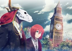 Rule 34 | 1boy, 1girl, absurdres, amulet, animal skull, cloud, day, elizabeth tower, elias ainsworth, fence, green eyes, hair between eyes, hatori chise, highres, horns, jaokuma, jewelry, mahou tsukai no yome, outdoors, red hair, short hair, smile, standing