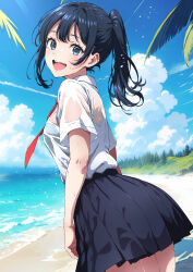 Rule 34 | 1girl, :d, absurdres, beach, black hair, black skirt, blue eyes, blue sky, blush, bra visible through clothes, cloud, commentary, contrail, day, hair between eyes, highres, horizon, isakoro (hx9cj), looking at viewer, ocean, open mouth, original, outdoors, palm tree, pleated skirt, ponytail, school uniform, see-through, see-through shirt, shirt, short hair, sidelocks, skirt, sky, smile, solo, teeth, tree, uniform, upper teeth only, wet, wet clothes, wet shirt, white shirt