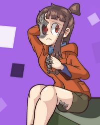 Rule 34 | 1girl, alternate costume, android, arms behind head, artist request, blue sweater, brown hair, brown shorts, coat, damaged, frown, glowing, glowing eyes, kagari atsuko, little witch academia, looking at viewer, mechanical parts, orange coat, purple background, red eyes, shorts, sitting, solo, sweater