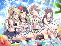 Rule 34 | 4girls, :d, ;d, ahoge, arm up, bare arms, bare legs, bare shoulders, bendy straw, bikini, black skirt, blonde hair, blue ribbon, blue sky, blush, breasts, brown eyes, brown flower, brown hair, cleavage, closed mouth, cloud, cloudy sky, commentary, cup, day, dress, drink, drinking glass, drinking straw, english commentary, floral print, flower, hair flower, hair ornament, hair ribbon, half-closed eye, high ponytail, highres, holding, holding cup, ice, ice cube, innertube, medium breasts, multiple girls, one eye closed, open mouth, original, outdoors, plaid, pleated skirt, polka dot, polka dot ribbon, ponytail, print bikini, rainbow, red flower, ribbon, sakura oriko, short hair, sitting, sketch, skirt, sky, smile, soaking feet, striped ribbon, swim ring, swimsuit, uneven eyes, water, white bikini, white dress, white flower