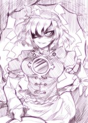 Rule 34 | 1girl, breasts, evil grin, evil smile, female focus, grin, hair ornament, kazetto, large breasts, leaf, monochrome, open mouth, rope, shimenawa, short hair, sitting, sketch, smile, solo, touhou, yasaka kanako