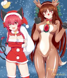 Rule 34 | 2girls, absurdres, animal costume, antlers, bell, breasts, christmas, christmas ornaments, christmas tree, cleavage, contrapposto, dress, fake antlers, fur-trimmed dress, fur-trimmed headwear, fur trim, gift, hat, highres, holding, holding sack, horns, kaenbyou rin, merry christmas, multiple girls, reindeer, reindeer costume, sack, santa costume, santa hat, seo haruto, snow, tail, touhou