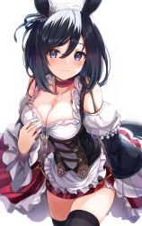 Rule 34 | 1girl, absurdres, animal ears, black hair, black thighhighs, blue ribbon, blush, bodice, bow, breasts, choker, cleavage, closed mouth, collarbone, commentary, cowboy shot, detached sleeves, ear ribbon, eishin flash (umamusume), frilled skirt, frills, hair between eyes, hand on own chest, has bad revision, has cropped revision, has downscaled revision, highres, horse ears, horse girl, j young, large breasts, long sleeves, looking at viewer, md5 mismatch, medium hair, purple eyes, red choker, red skirt, resolution mismatch, ribbon, shirt, simple background, skirt, solo, source smaller, standing, striped clothes, striped skirt, thighhighs, umamusume, vertical-striped clothes, vertical-striped skirt, white background, white shirt