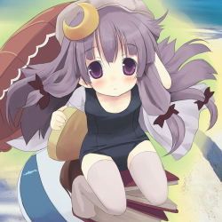 Rule 34 | 1girl, ball, beachball, blush, book, crescent, crescent hair ornament, female focus, hair ornament, hair ribbon, hat, kickboard, long hair, one-piece swimsuit, patchouli knowledge, purple eyes, purple hair, ribbon, school swimsuit, shiro, shiro (octet), socks, solo, swimsuit, thighhighs, touhou