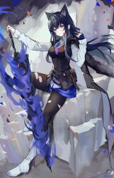 Rule 34 | 1girl, animal ear fluff, animal ears, arknights, black hair, black jacket, black pantyhose, black vest, blood, blood on face, blue gloves, blue shorts, boots, breasts, collared shirt, commentary request, fingerless gloves, full body, gloves, hair between eyes, hand on hilt, hands up, highres, jacket, jacket on shoulders, long hair, looking at viewer, medium breasts, pantyhose, pantyhose under shorts, red eyes, shirt, short shorts, shorts, single glove, solo, sword, texas (arknights), texas the omertosa (arknights), torn clothes, torn pantyhose, very long hair, vest, weapon, white footwear, white shirt, yuniiho