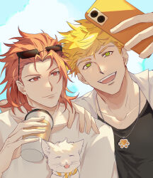 Rule 34 | 2boys, animal, black tank top, blonde hair, cat, closed mouth, cloud, coffee cup, cup, day, disposable cup, eyewear on head, granblue fantasy, green eyes, highres, holding, holding cup, holding phone, jewelry, male focus, multiple boys, necklace, open clothes, open mouth, open shirt, outdoors, percival (granblue fantasy), phone, red eyes, red hair, selfie, shadow skg, shirt, short hair, sky, smile, sunglasses, tank top, upper body, vane (granblue fantasy), white cat, white shirt