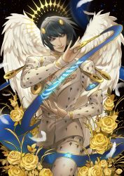 Rule 34 | angel, angel wings, black hair, blue eyes, bob cut, bruno bucciarati, feathered wings, feathers, flower, gold, hair ornament, hairclip, halo, highres, jojo no kimyou na bouken, rose, solo, ultracat, vento aureo, white wings, wings