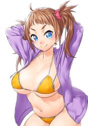 Rule 34 | 1girl, arms behind head, bikini, blue eyes, blush, breasts, brown hair, cleavage, cowboy shot, eyebrows, halterneck, jacket, large breasts, long hair, looking at viewer, navel, onsoku inu, open clothes, open jacket, original, simple background, smile, solo, stomach, string bikini, swimsuit, twintails, white background