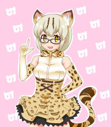 Rule 34 | 10s, animal ears, animal print, bare shoulders, black-framed eyewear, bow, cat ears, cat tail, commentary request, elbow gloves, fang, glasses, gloves, green eyes, japari symbol, kemono friends, margay (kemono friends), margay ears, margay tail, pointing, pointing up, solo, tail, yasuhito