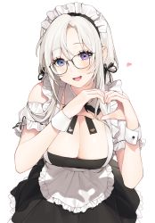 Rule 34 | 1girl, :d, apron, bare shoulders, black ribbon, breasts, cleavage, commentary request, detached collar, detached sleeves, dot nose, forehead, frilled skirt, frilled sleeves, frills, glasses, hair between eyes, hair ribbon, heart, heart hands, highres, large breasts, leaning forward, long hair, looking at viewer, low twintails, maid, maid apron, maid headdress, open mouth, original, parted bangs, purple eyes, ribbon, simple background, skirt, smile, solo, twintails, upper body, white apron, white background, white hair, wrist cuffs, yeije