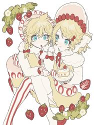 Rule 34 | 0211nami, 1boy, 1girl, blonde hair, blue eyes, cake, feet out of frame, finger in another&#039;s mouth, flower, food, fruit, full body, holding, holding plate, kagamine len, kagamine rin, leaf, leggings, long sleeves, nail polish, plate, red nails, simple background, skirt, strawberry, strawberry hat ornament, strawberry shortcake, vocaloid, white background, white flower, white leggings, yellow skirt