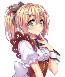 Rule 34 | 1girl, blonde hair, blush, bow, corset, detached sleeves, green eyes, hair bow, hair ornament, hairclip, highres, juliet sleeves, long hair, long sleeves, looking at viewer, md5 mismatch, ponytail, puffy sleeves, resized, resolution mismatch, senri gan, short sleeves, simple background, smile, solo, source larger, waitress, white background, wrist cuffs