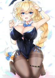 Rule 34 | 1girl, blonde hair, blue eyes, braid, breasts, cleavage, fate/grand order, fate (series), feet, highres, jeanne d&#039;arc (fate), jeanne d&#039;arc (ruler) (fate), large breasts, leotard, open mouth, pantyhose, playboy bunny, rabbit ears, ribbon, solo, thick thighs, thigh strap, thighs
