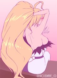 Rule 34 | 1girl, arms up, back, backboob, blonde hair, breasts, from behind, hilda (under night in-birth), large breasts, ponytail, under night in-birth