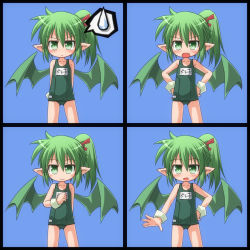 Rule 34 | 1girl, arms behind back, blue background, blush, dorako, expressions, flat chest, frown, green eyes, green hair, hand on own hip, hands on own hips, kso, looking at viewer, one-piece swimsuit, open mouth, pointy ears, school swimsuit, short hair, side ponytail, simple background, smile, spoken sweatdrop, sweatdrop, swimsuit, viprpg, wings