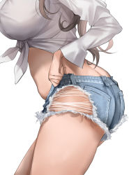 Rule 34 | 1girl, adjusting clothes, alternate costume, ass, ass focus, black hair, blue shorts, breasts, butt crack, commentary request, cutoffs, denim, denim shorts, front-tie top, head out of frame, kantai collection, large breasts, legs, long hair, long sleeves, lower body, nagato (kancolle), shirt, short shorts, shorts, simple background, solo, thighs, torn clothes, torn shorts, tororo ten, white background, white shirt