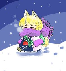 Rule 34 | 1girl, aged down, animal ears, arms at sides, bag, blonde hair, blunt bangs, closed eyes, covered mouth, fox ears, fox tail, full body, handbag, komaku juushoku, long sleeves, multiple tails, outdoors, scarf, snowing, solo, tail, touhou, two tails, yakumo ran