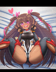 Rule 34 | 1girl, artist request, ass, bed, blush, boots, breasts, curvy, dark skin, dark-skinned female, female focus, hair ribbon, heart, heart-shaped pupils, highleg, highleg leotard, highres, leotard, long hair, looking at viewer, lying, mizuki yukikaze, on bed, partially visible vulva, ribbon, small breasts, smile, solo, symbol-shaped pupils, taimanin (series), taimanin yukikaze, thighs, twintails, v, very long hair