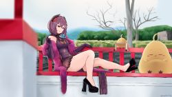 Rule 34 | absurdres, azur lane, bad id, bad pixiv id, bench, black footwear, black horns, china dress, chinese clothes, cleavage cutout, clothing cutout, day, dress, feather boa, full body, garden, high heels, highres, horns, kirishima (azur lane), kirishima (graceful ink incense) (azur lane), legs, manjuu (azur lane), official alternate costume, purple eyes, purple hair, roosterf2p, scroll, side slit, sitting, solo, tree