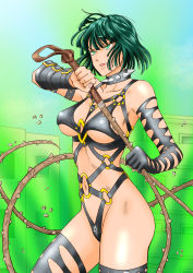 Rule 34 | 1girl, artist request, bdsm, bondage, bound, breasts, censored, choker, cosplay, fubuki (one-punch man), green eyes, green hair, highres, kaijin hime do-s, kaijin hime do-s (cosplay), navel, o-ring, one-punch man, open mouth, short hair, spikes, thorns, underboob, weapon, whip