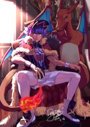 Rule 34 | 1boy, baseball cap, cape, chair, champion uniform, charizard, closed mouth, commentary, coo2co2, creatures (company), dark-skinned male, dark skin, dated, dynamax band, facial hair, flame-tipped tail, fur-trimmed cape, fur trim, game freak, gen 1 pokemon, gloves, hat, highres, indoors, leggings, leon (pokemon), long hair, male focus, nintendo, pokemon, pokemon (creature), pokemon swsh, purple hair, red cape, shield print, shirt, shoes, short shorts, short sleeves, shorts, signature, single glove, sitting, smile, spread legs, sword print, white shorts, yellow eyes