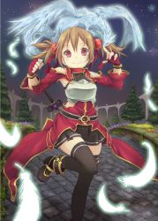 Rule 34 | 10s, 1girl, armor, bare shoulders, black thighhighs, blush, breastplate, brown hair, falling feathers, feathers, fingerless gloves, gloves, hair ribbon, highres, hpflower, leg up, looking at viewer, night, pina (sao), red eyes, ribbon, silica, skirt, smile, solo, sword, sword art online, thighhighs, tree, twintails, weapon