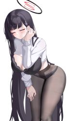 Rule 34 | 1girl, absurdres, black hair, black pantyhose, black skirt, blue archive, blush, breasts, closed eyes, closed mouth, feet out of frame, hair ornament, hairpin, halo, highres, kaijiba, large breasts, long hair, long sleeves, pantyhose, pleated skirt, rio (blue archive), simple background, skirt, solo, sweater, turtleneck, turtleneck sweater, white background, white sweater