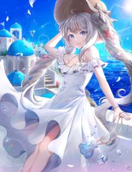 Rule 34 | 1girl, bare shoulders, blue eyes, breasts, building, dress, fate/grand order, fate (series), hair ornament, hat, lens flare, long hair, marie antoinette (fate), marie antoinette (swimsuit caster) (second ascension) (fate), ozzingo, silver hair, small breasts, smile, solo, sparkle, standing, star (symbol), star hair ornament, sun, twintails, water, white dress, wind