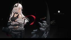 Rule 34 | 1girl, absurdres, arknights, black background, cine (wazd0183), hammer, highres, holding, holding hammer, horns, looking away, material growth, mudrock (arknights), open clothes, oripathy lesion (arknights), red ribbon, ribbon, rock, weapon, white hair