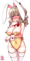 Rule 34 | 1girl, alternate costume, animal ears, artist logo, bare shoulders, blue eyes, blush, bow, bowtie, breast hold, breasts, brown hair, cameltoe, cleavage, cleft of venus, covered navel, cowboy shot, dated, detached collar, drill hair, embarrassed, fake animal ears, hair between eyes, hair ornament, hair ribbon, hatakaze (kancolle), high heels, highres, kanon (kurogane knights), kantai collection, large breasts, leotard, light brown hair, looking at viewer, open mouth, playboy bunny, ponytail, rabbit ears, rabbit tail, ribbon, signature, simple background, solo, strapless, strapless leotard, tail, thighhighs, wavy hair, white background, white thighhighs, wrist cuffs, yellow leotard