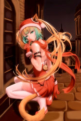 Rule 34 | 1girl, absurdres, ahoge, animal ears, atalanta (fate), bell, breasts, cat ears, cat tail, christmas, christmas stocking, fate/apocrypha, fate (series), finger to mouth, gloves, green eyes, green hair, highres, long hair, medium breasts, mukade (siieregannsu), solo, squatting, tail, thighhighs, twintails, very long hair, white background, white thighhighs