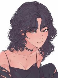 Rule 34 | 1girl, black camisole, black hair, breasts, camisole, choker, cleavage, collarbone, elliemaplefox, expressionless, highres, long hair, looking at viewer, mole, mole under eye, original, red eyes, simple background, solo, white background