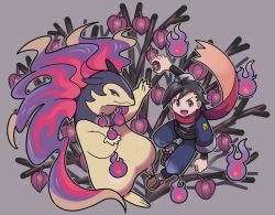 Rule 34 | 1boy, :d, black hair, black shirt, brown footwear, closed mouth, commentary request, creatures (company), floating scarf, game freak, grey background, grey eyes, highres, hisuian typhlosion, holding, holding poke ball, jacket, logo, male focus, nintendo, open mouth, pants, poke ball, poke ball (legends), pokemon, pokemon (creature), pokemon legends: arceus, red eyes, red scarf, rei (pokemon), scarf, shirt, shoes, short hair, smile, sutokame, tongue