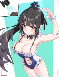 Rule 34 | 1girl, bare shoulders, black hair, blunt bangs, blush, breasts, bright pupils, brown eyes, drone, electricity, eve (stellar blade), frilled one-piece swimsuit, frills, highres, holiday (pangjelly), large breasts, long hair, looking at viewer, one-piece swimsuit, ponytail, skin tight, solo, stellar blade, swimsuit, taking picture, thighs, very long hair