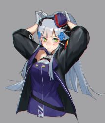 Rule 34 | 1girl, adjusting clothes, adjusting headwear, arms up, blue hat, blunt bangs, blush, breasts, closed mouth, facial mark, german flag, germany, girls&#039; frontline, gloves, green eyes, grey background, hair ornament, hat, headwear request, highres, hk416 (girls&#039; frontline), hk416 (mod3) (girls&#039; frontline), jacket, long hair, long sleeves, looking away, medium breasts, military jacket, silver hair, simple background, solo, teardrop, upper body, white gloves, yoni (zhang)