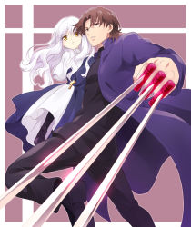 Rule 34 | 1boy, 1girl, between fingers, black keys (type-moon), caren hortensia, carrying, cassock, cross, cross necklace, danemaru, fate/hollow ataraxia, fate/stay night, fate (series), father and daughter, holding, jewelry, kotomine kirei, long hair, necklace, time paradox, white hair, yellow eyes